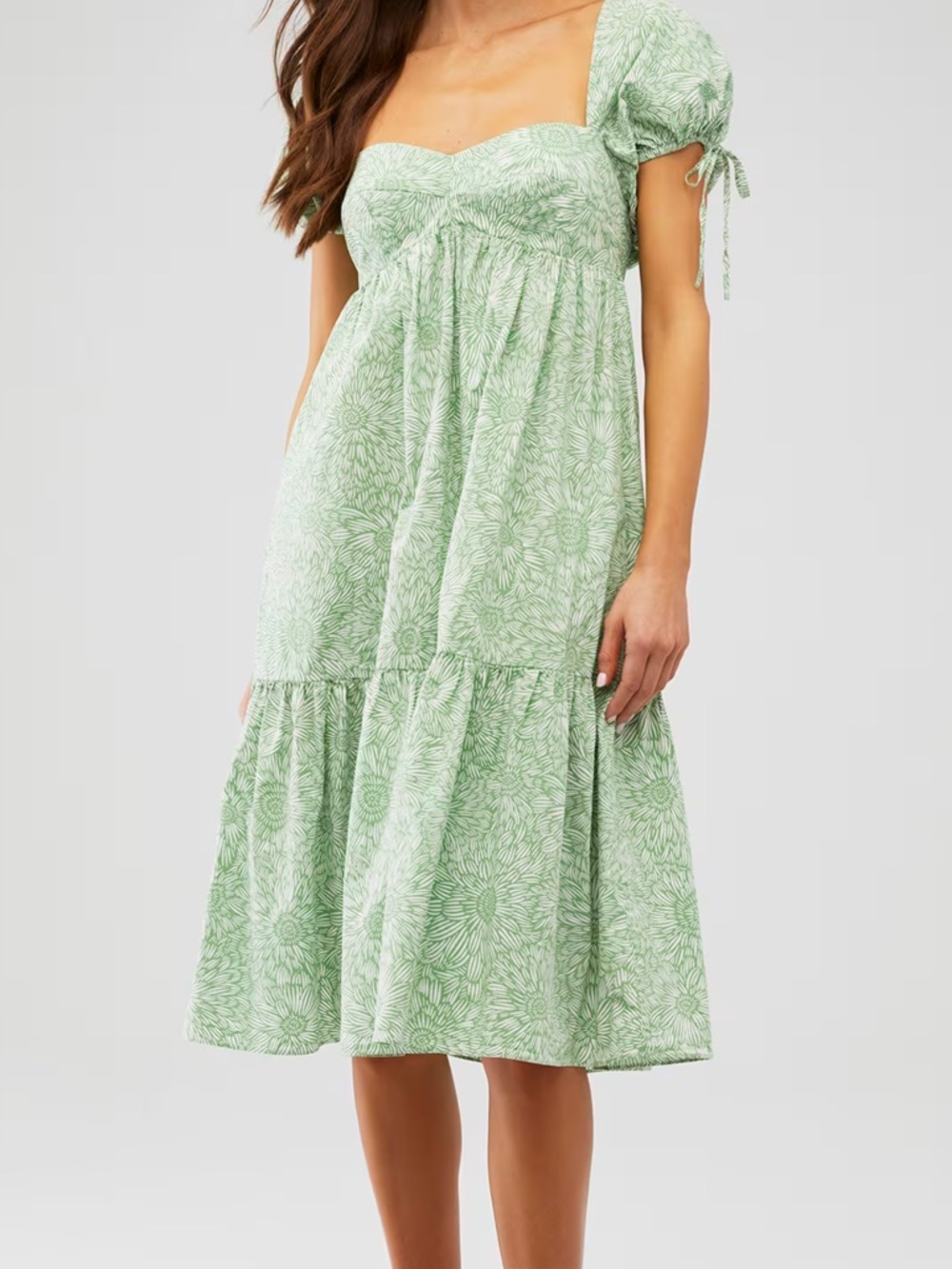 Sage Green Puff-Sleeve Floral Midi Dress
